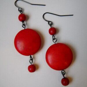 Red Howlite Beaded Earrings Hand Crafted Gemstone Beads Dangle Pierced Hook New